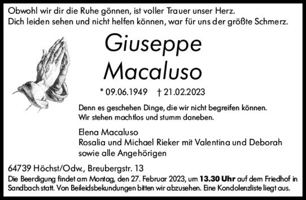  Traueranzeige für Giuseppe Macaluso vom 25.02.2023 aus Odenwälder Echo
