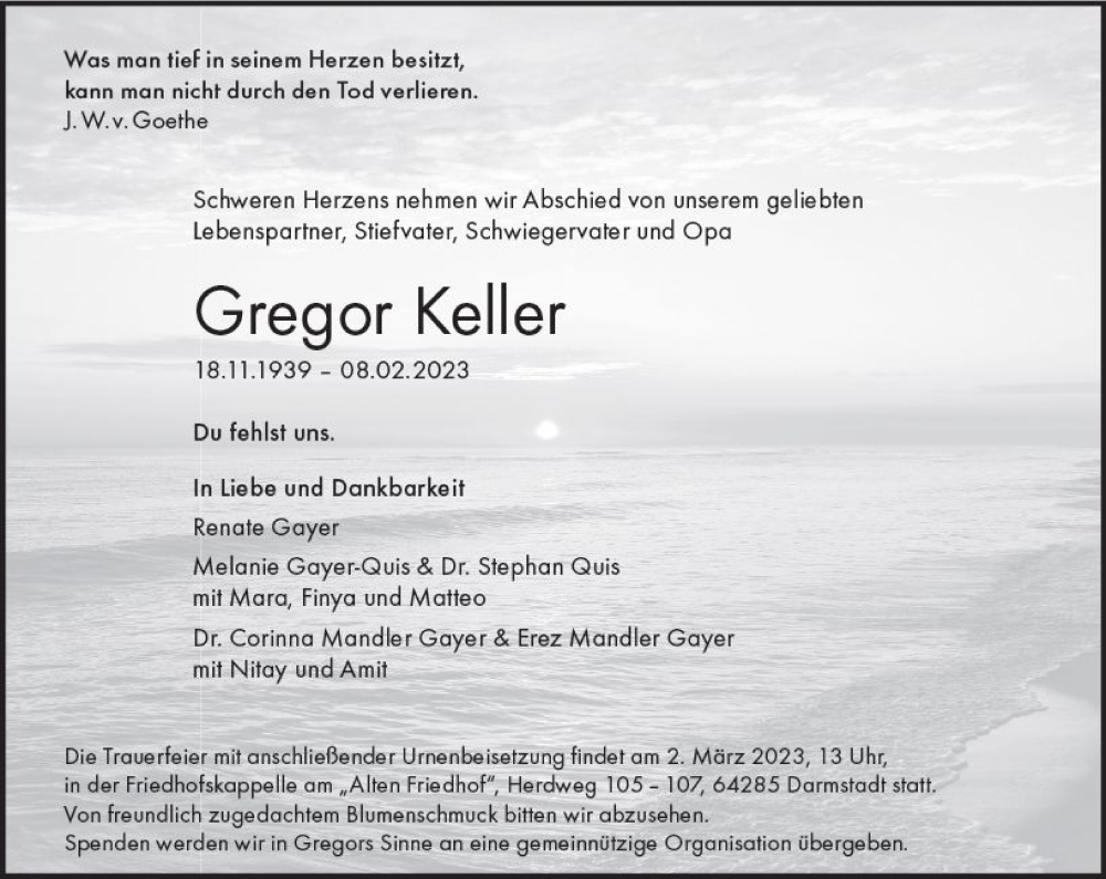  Traueranzeige für Gregor Keller vom 18.02.2023 aus Darmstädter Echo