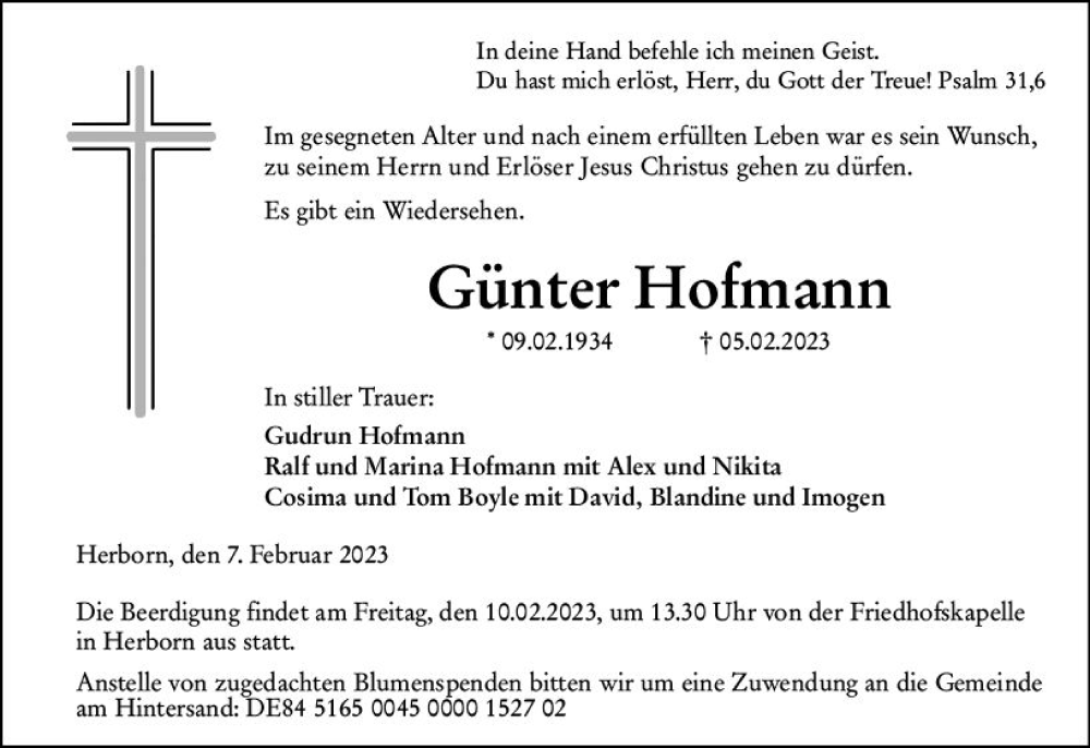  Traueranzeige für Günter Hofmann vom 07.02.2023 aus Dill Block
