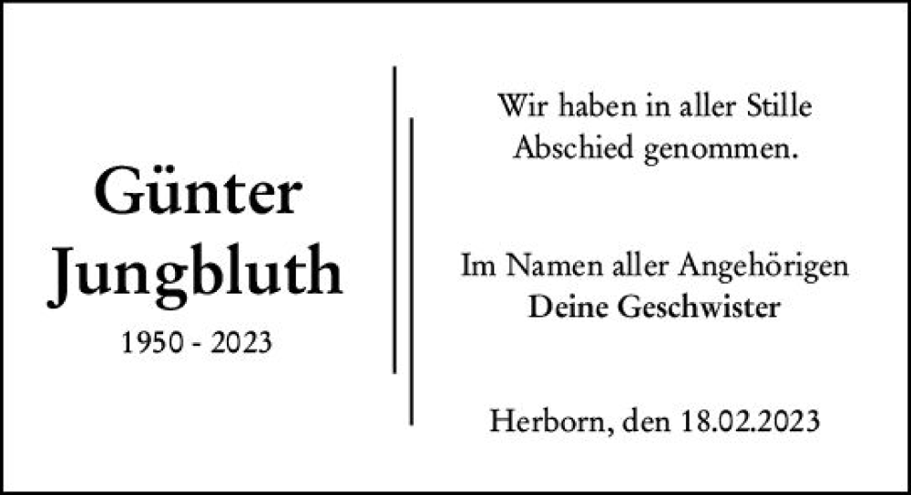  Traueranzeige für Günter Jungbluth vom 18.02.2023 aus Dill Block