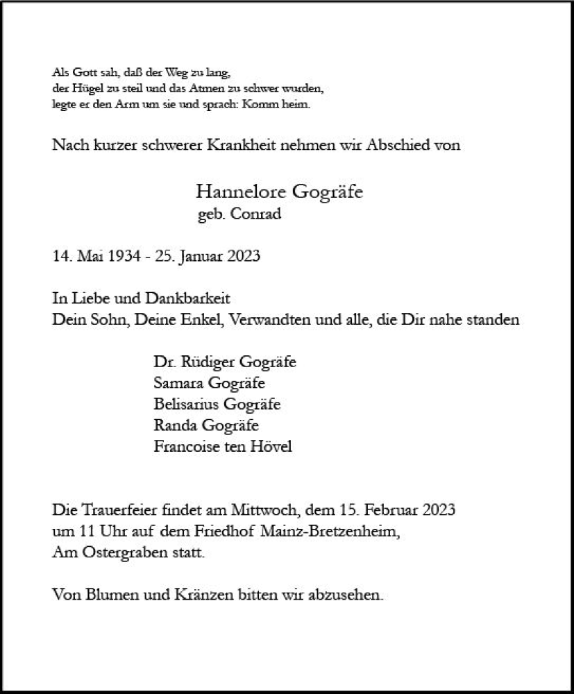  Traueranzeige für Hannelore Gogräfe vom 04.02.2023 aus Allgemeine Zeitung Mainz