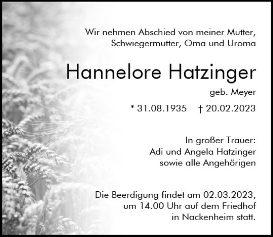 Traueranzeige von Hannelore Hatzinger von Allgemeine Zeitung Mainz