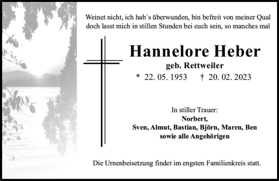 Traueranzeige von Hannelore Heber von Allgemeine Zeitung Bingen/Ingelheim