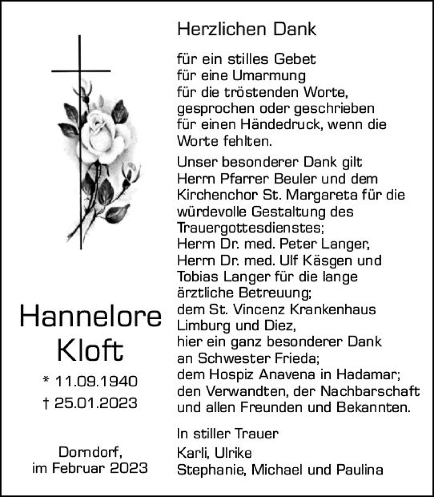 Traueranzeige für Hannelore Kloft vom 18.02.2023 aus Nassauische Neue Presse