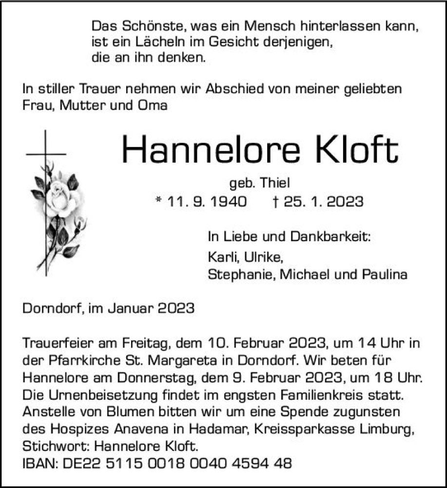  Traueranzeige für Hannelore Kloft vom 04.02.2023 aus Nassauische Neue Presse