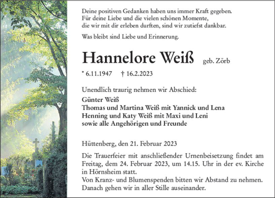 Traueranzeige von Hannelore Weiß von Wetzlarer Neue Zeitung