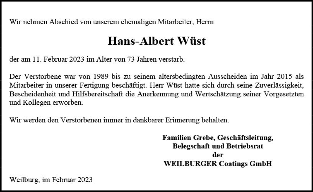  Traueranzeige für Hans-Albert Wüst vom 27.02.2023 aus Weilburger Tageblatt