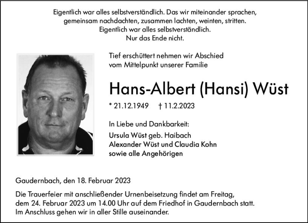  Traueranzeige für Hans-Albert Wüst vom 18.02.2023 aus Weilburger Tageblatt