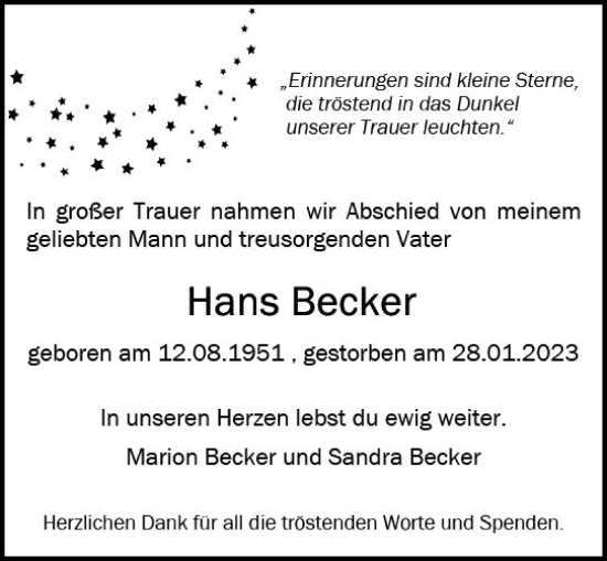 Traueranzeige von Hans Becker von Allgemeine Zeitung Mainz