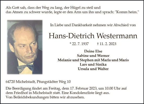 Traueranzeige von Hans-Dietrich Westermann von Odenwälder Echo