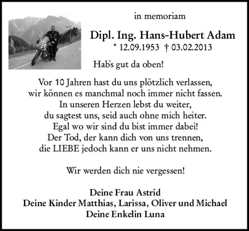  Traueranzeige für Hans-Hubert Adam vom 04.02.2023 aus Rüsselsheimer Echo