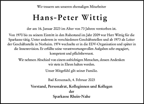 Traueranzeige von Hans-Peter Wittig von Allgemeine Zeitung Bad Kreuznach