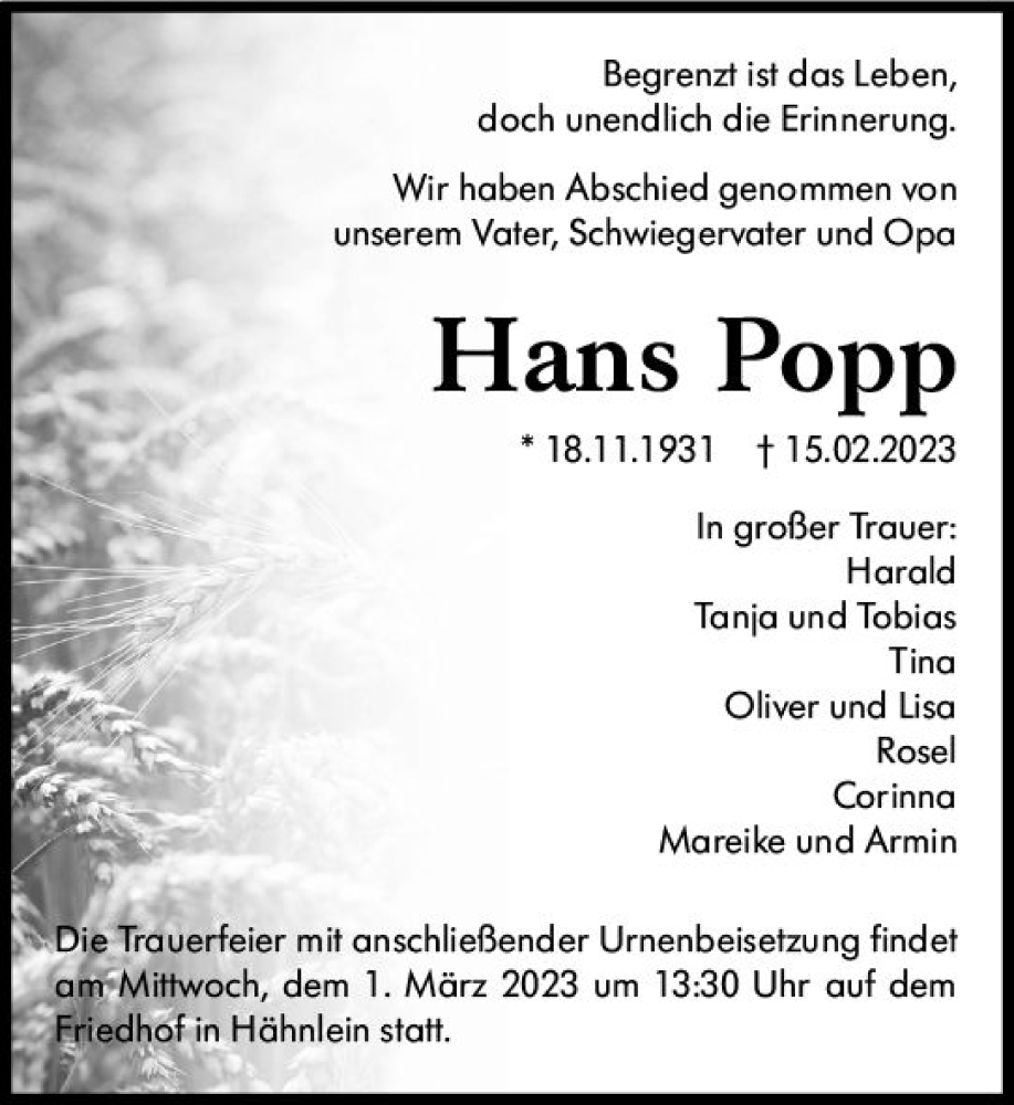  Traueranzeige für Hans Popp vom 18.02.2023 aus Darmstädter Echo