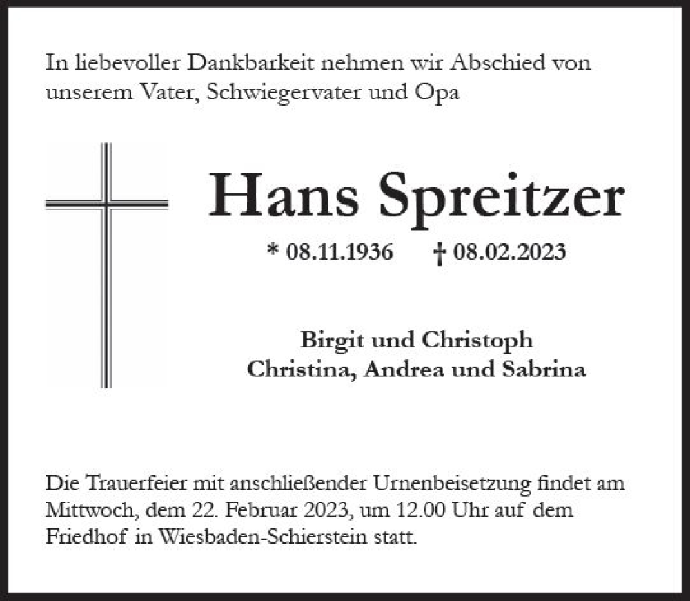  Traueranzeige für Hans Spreitzer vom 18.02.2023 aus Wiesbadener Kurier