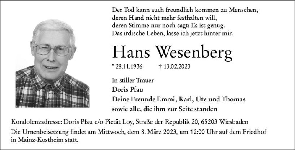  Traueranzeige für Hans Wesenberg vom 25.02.2023 aus Wiesbadener Kurier