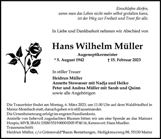 Traueranzeige von Hans Wilhelm Müller von Allgemeine Zeitung Mainz