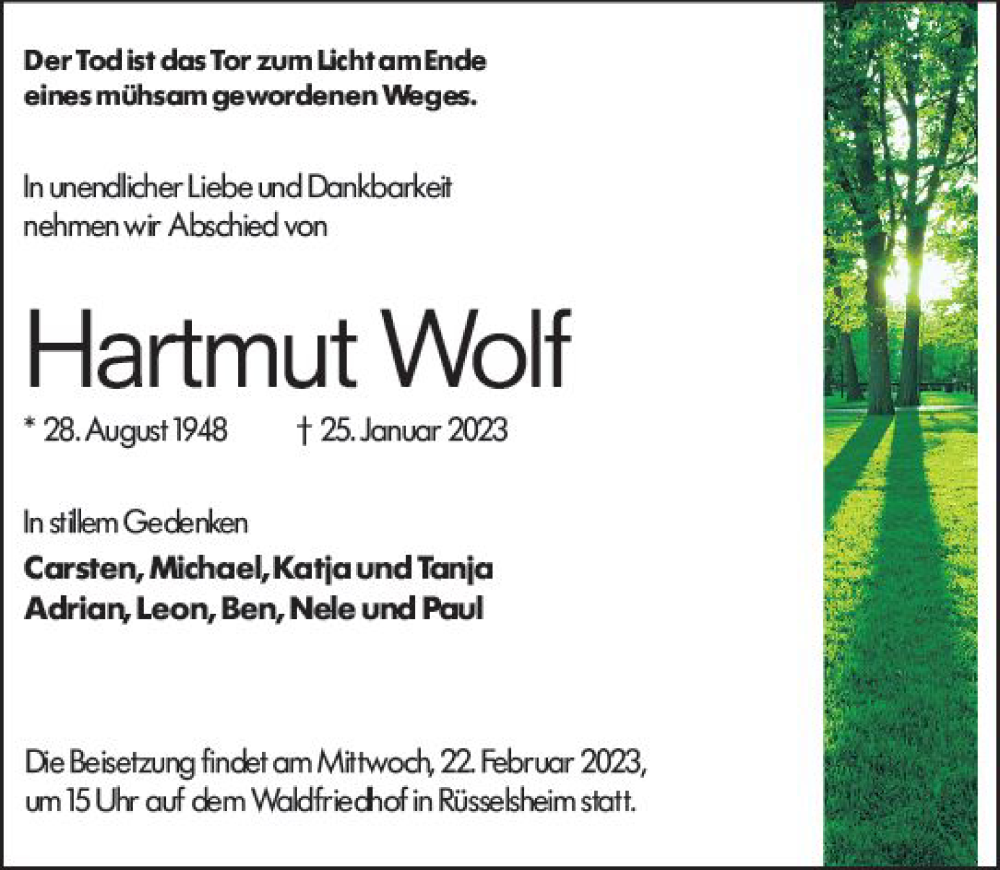  Traueranzeige für Hartmut Wolf vom 04.02.2023 aus Rüsselsheimer Echo