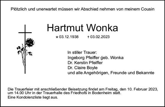 Traueranzeige von Hartmut Wonka von Allgemeine Zeitung Mainz