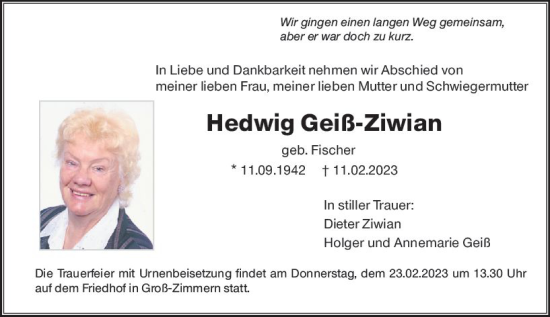 Traueranzeige von Hedwig Geiß-Ziwian von Dieburger Anzeiger/Groß-Zimmerner Lokal-Anzeiger