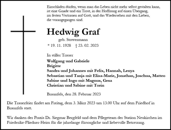 Traueranzeige von Hedwig Graf von Wetzlarer Neue Zeitung