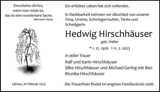 Traueranzeige von Hedwig Hirschhäuser von Wetzlarer Neue Zeitung