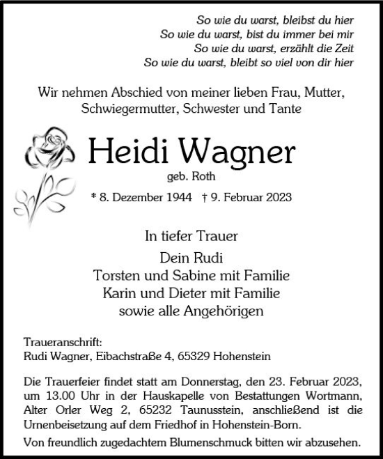 Traueranzeige von Heidi Wagner von Wiesbadener Kurier