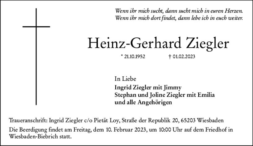  Traueranzeige für Heinz-Gerhard Ziegler vom 04.02.2023 aus Wiesbadener Kurier gesamt