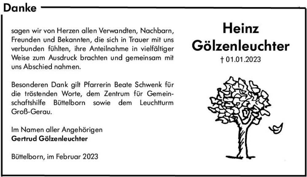  Traueranzeige für Heinz Gölzenleuchter vom 04.02.2023 aus Groß-Gerauer Echo