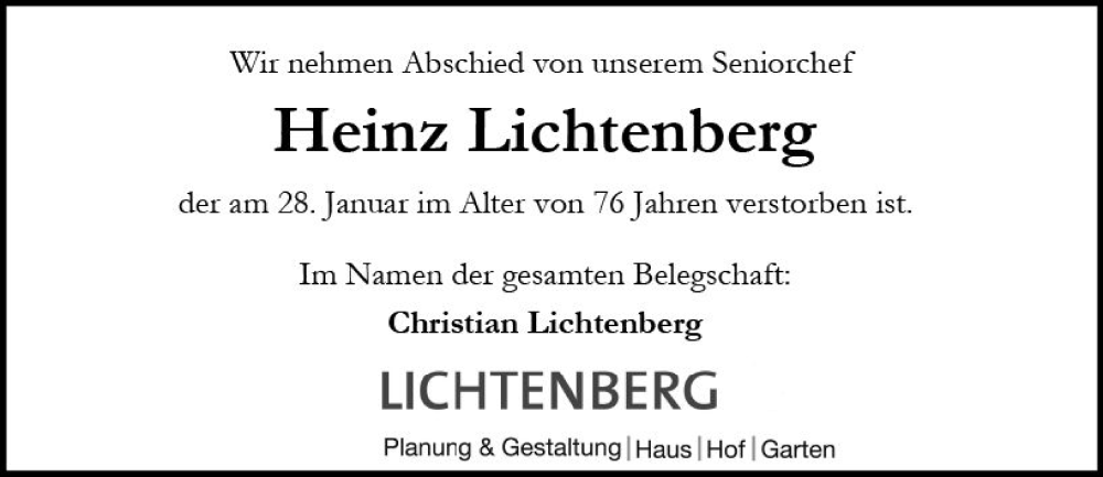  Traueranzeige für Heinz Lichtenberg vom 04.02.2023 aus Allgemeine Zeitung Ingelheim-Bingen