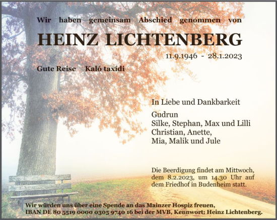Traueranzeige von Heinz Lichtenberg von Allgemeine Zeitung Ingelheim-Bingen