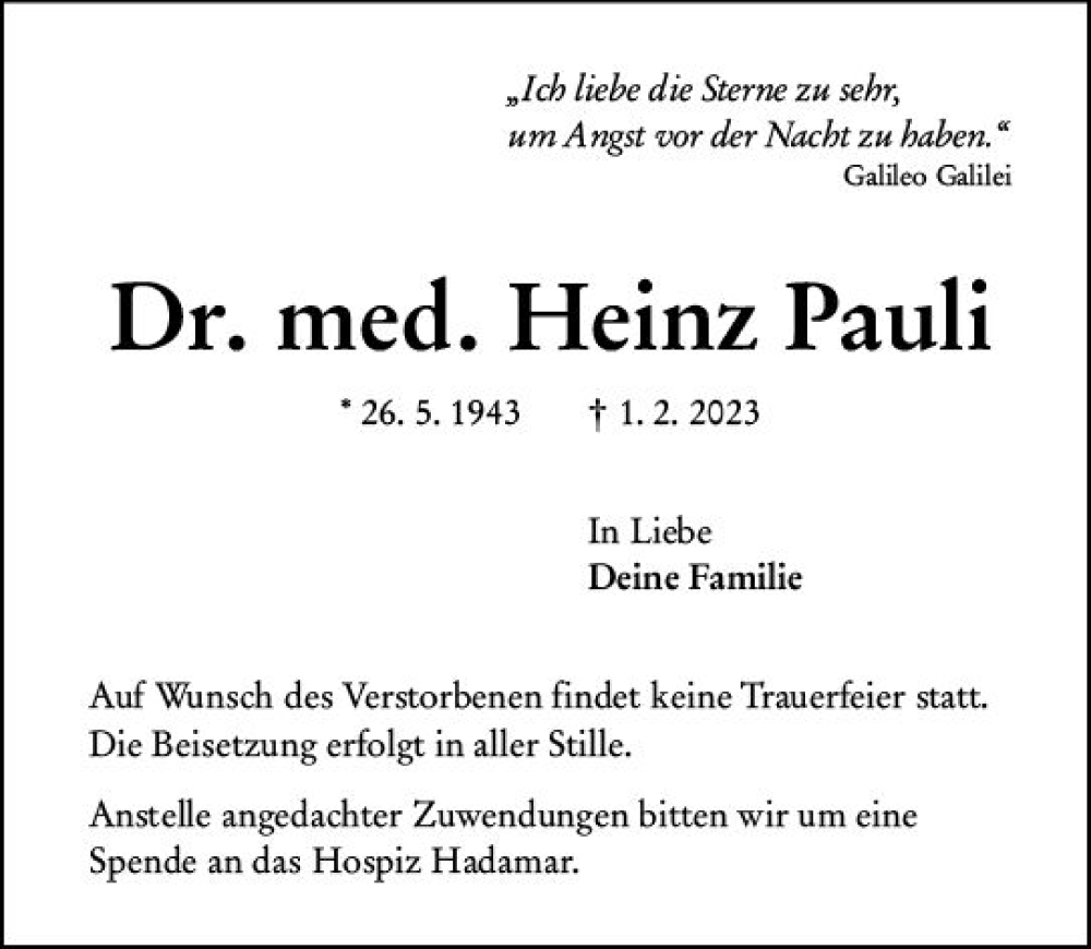  Traueranzeige für Heinz Pauli vom 04.02.2023 aus Nassauische Neue Presse