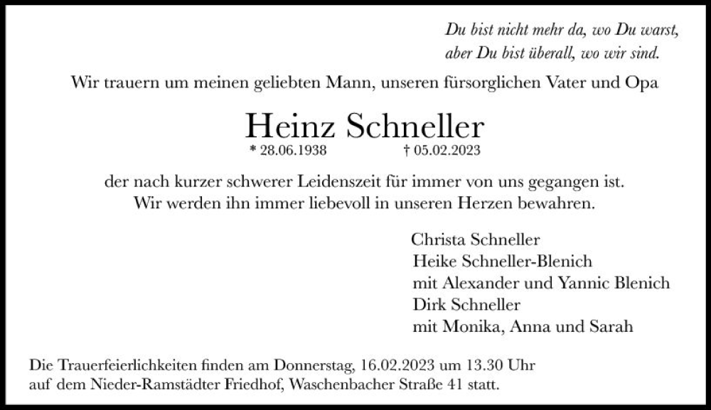  Traueranzeige für Heinz Schneller vom 11.02.2023 aus Darmstädter Echo