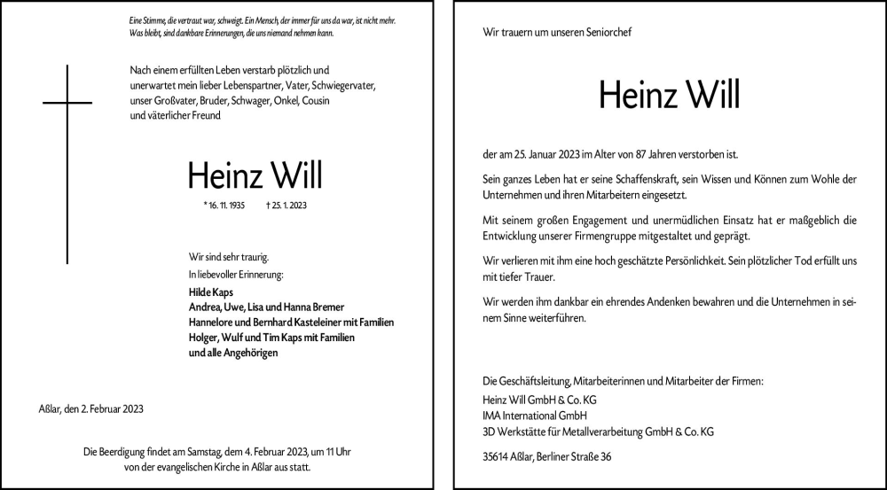  Traueranzeige für Heinz Will vom 02.02.2023 aus Dill Block