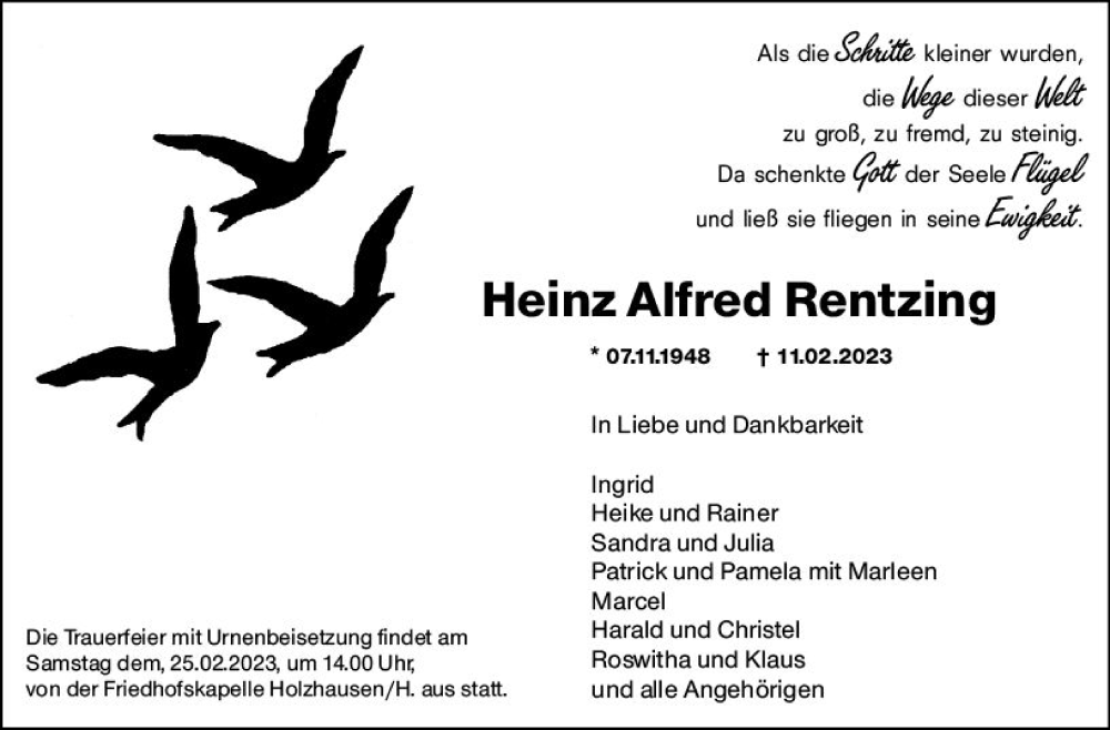  Traueranzeige für Heinz Alfred Rentzing vom 23.02.2023 aus Hinterländer Anzeiger