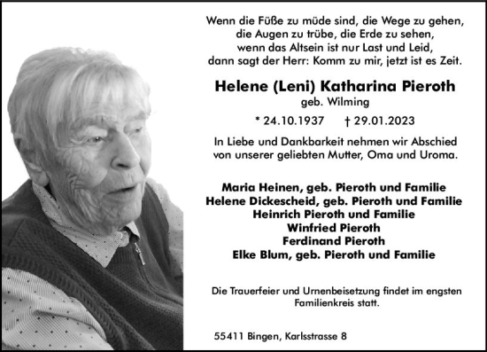 Traueranzeige von Helene Katharina Pieroth von Allgemeine Zeitung Ingelheim-Bingen