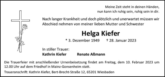 Traueranzeige von Helga Kiefer von Allgemeine Zeitung Mainz