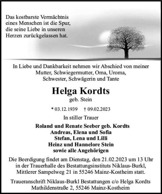 Traueranzeige von Helga Kordts von Allgemeine Zeitung Mainz