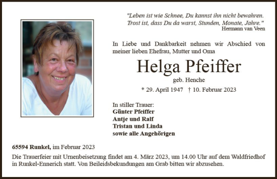 Traueranzeige von Helga Pfeiffer von Weilburger Tageblatt