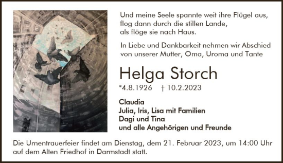 Traueranzeige von Helga Storch von Darmstädter Echo
