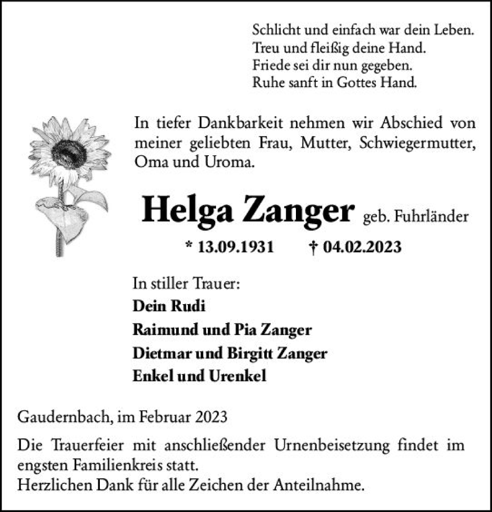  Traueranzeige für Helga Zanger vom 07.02.2023 aus Weilburger Tageblatt