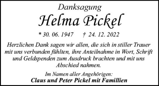 Traueranzeige von Helma Pickel von Allgemeine Zeitung Bingen/Ingelheim