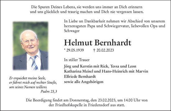 Traueranzeige von Helmut Bernhardt von Hinterländer Anzeiger