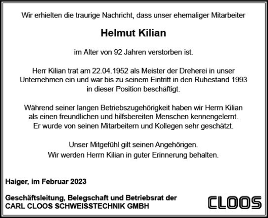 Traueranzeige von Helmut Kilian von Dill Block