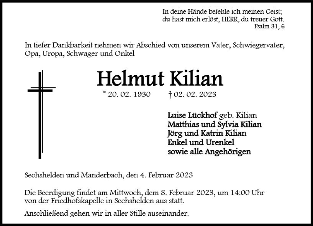  Traueranzeige für Helmut Kilian vom 04.02.2023 aus Dill Block