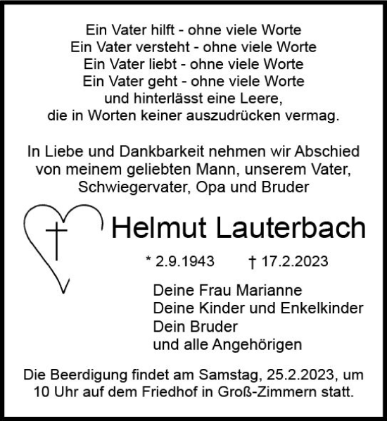 Traueranzeige von Helmut Lauterbach von Dieburger Anzeiger/Groß-Zimmerner Lokal-Anzeiger