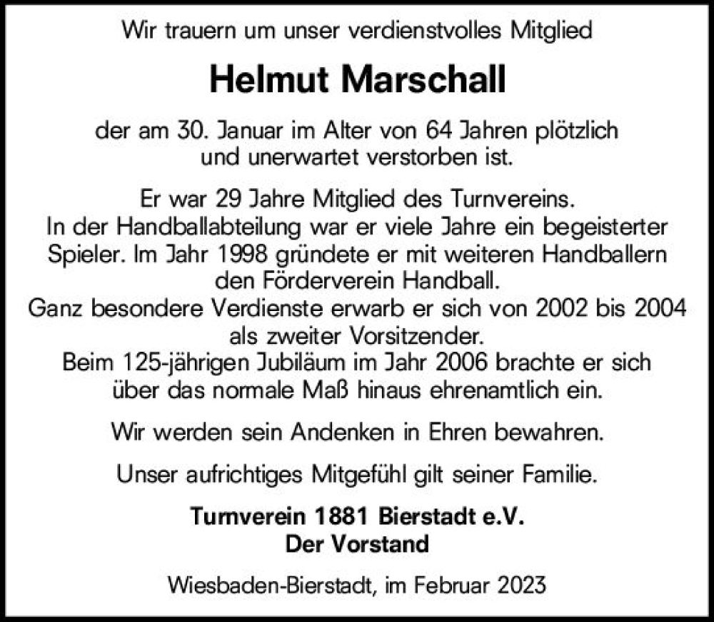  Traueranzeige für Helmut Marschall vom 11.02.2023 aus Wiesbadener Kurier gesamt