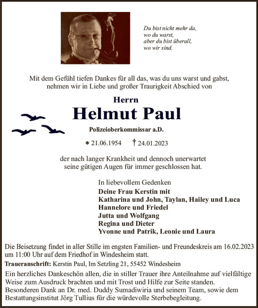  Traueranzeige für Helmut Paul vom 13.02.2023 aus Allgemeine Zeitung Bad Kreuznach