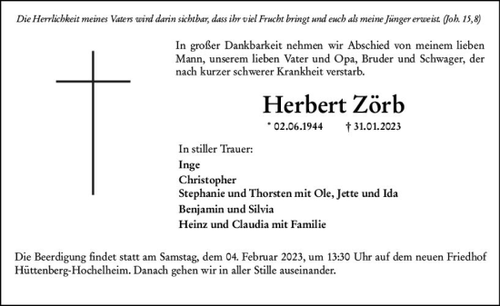 Traueranzeige von Herbert Zörb von Wetzlarer Neue Zeitung
