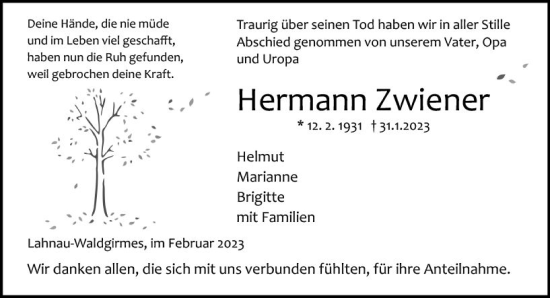 Traueranzeige von Hermann Zwiener von Wetzlarer Neue Zeitung