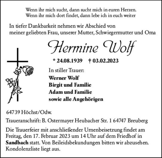 Traueranzeige von Hermine Wolf von Odenwälder Echo